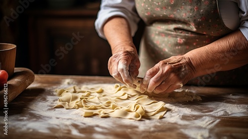 Old italian woman making pasta on wooden table in the kitchen. Close up of grandma making pasta the traditional way. Italian cuisine. Homemade food.Traditions. photo