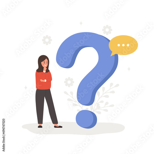 Frequently asked questions concept. Muslim woman with large question mark search for answers. Customer support and online help service. FAQ and guides. Vector illustration in flat cartoon style.