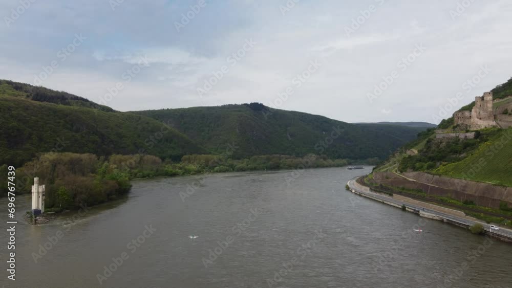 Ehrenfels castle and mouse tower on river Rhine, Germany. Aerial Ehrenfels castle and mouse tower on river Rhine, Germany. Aerial