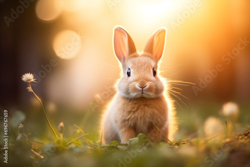 A brown cute Rabbit bunny sitting in the garden Happy easter with blurred bokeh background sunset spring season