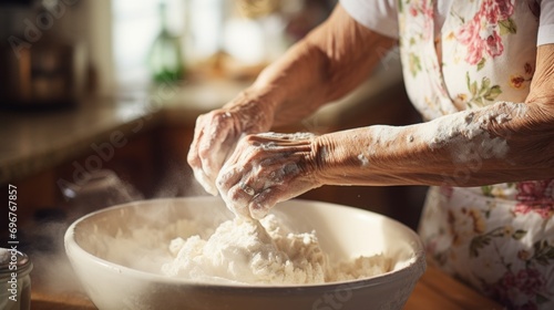 ?ropped photo of senior womana kneading dough for homemade baking. ?loseup of an elderly woman's hands making pasta dough in bright cozy kitchen. photo