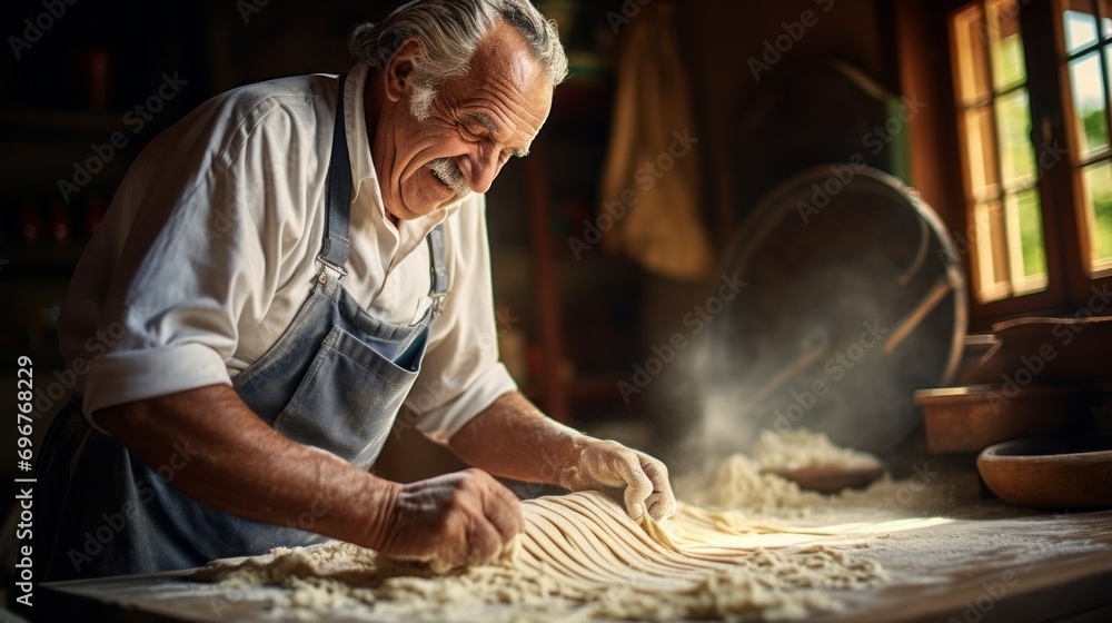 Portrait of senior italian whiskered man making homemade pasta with flour and eggs on old wooden table in sunny morning. - obrazy, fototapety, plakaty 
