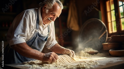 Portrait of senior italian whiskered man making homemade pasta with flour and eggs on old wooden table in sunny morning. photo