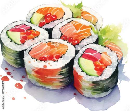 Watercolor sushi on white background