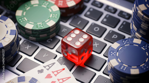 Online gambling, casino chips, cards and dice laying on laptop keyboard, internet betting gaming addiction, poker and bets addiction photo
