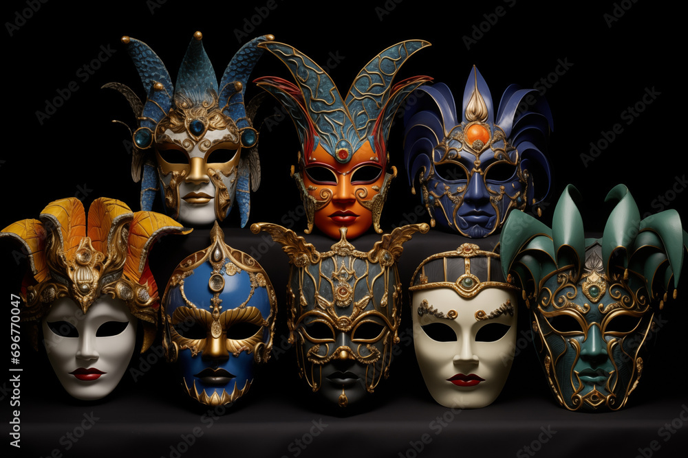 Venetian carnival mask collection on black background