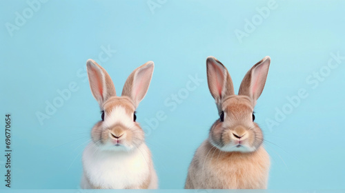 Easter holiday celebration  cloesup of two bunnies or rabbits sitting next to each other  pastell blue background  greeting card