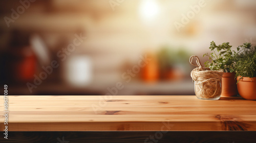 Wooden table on blurred kitchen bench