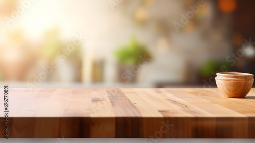 Wooden table on blurred kitchen bench