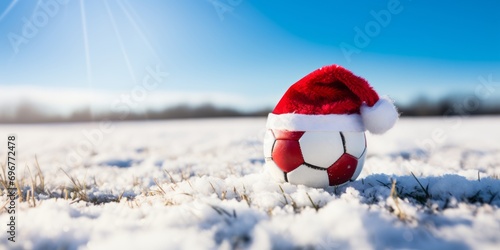 Football with a Santa hat for Christmas. A soccer ball on a field covered with snow.