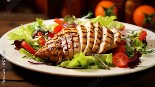grilled chicken breast with vegetable garnish, chicken breast, plate, salad. AI Generative