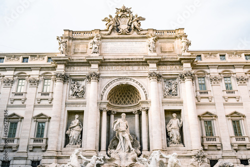 View of Rome Trevi Fountain (Fontana di Trevi) in Rome, Italy. Trevi is most famous fountain of Rome. Architecture and landmark of Rome.