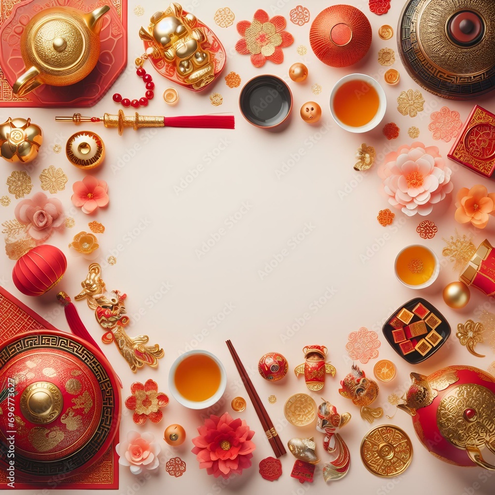 Obraz premium Chinese New Year Flatlay, Cherry Blossom Festival or Moon Festival / Mid-Autumn Festival