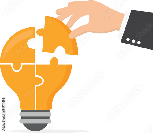 Problem solver, get a solution to overcome difficulty, idea, creativity or innovation to fix problem or trouble concept, smart businessman solving lightbulb idea puzzle by connecting last jigsaw piece