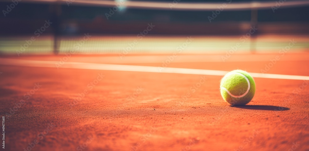 Tennis ball on tennis clay court with soft focus at sunset  Tennis tournament concept horizontal wallpaper background, copy space for text 