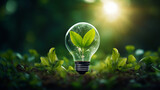 Realistic image of light bulb green leaf background