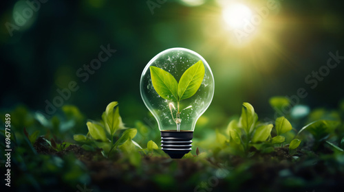 Realistic image of light bulb green leaf background photo
