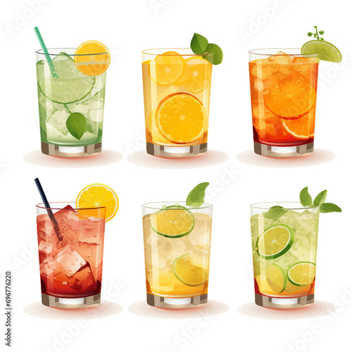 drink, glass, ice, tea, cocktail, lemon, cold, fruit, beverage, juice, isolated, orange, alcohol, citrus, white, fresh, refreshment, mint, lime, yellow, cool, green, water, sweet, liquid