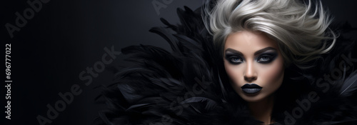 A fashion model with black feathers in her hair, in the style of bold shadows, dark fairy tales, monochromatic palettes. photo