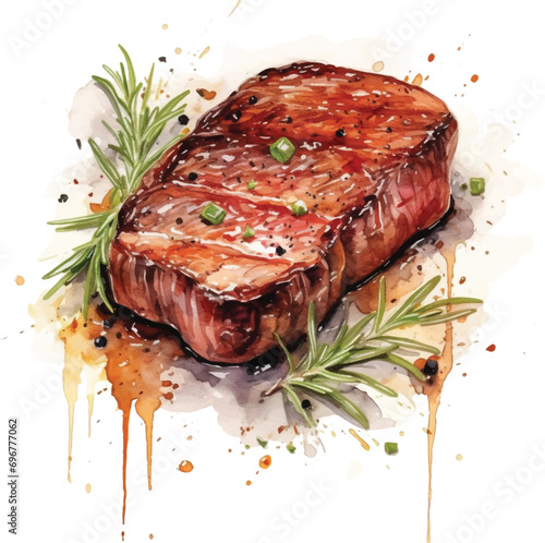 Watercolor steak on white background