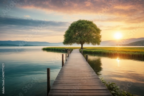 Lake view mountain with a small tree on sunset time Peaceful landscapes image, relaxation vibes. © SMshuvo