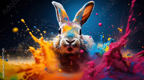 Easter holiday celebration, brown easter bunny in colored powder splash on blue background, greeting card