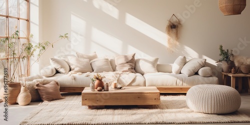 Modern luxury, minimal, elegant, neutral, cozy, white bohemian, boho living room with a sofa. soft earthy colors, Interior design inspiration.