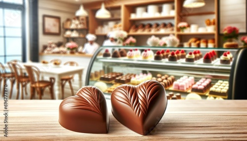 High-quality photo of two heart-shaped chocolates in a pastry shop setting, showcasing a backdrop of various desserts with a focus on the chocolates.
