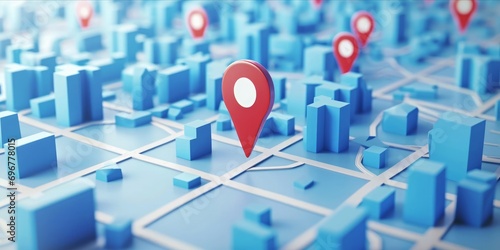 3D digital illustration of a blue map with red location pins photo