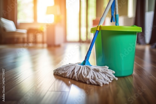 Efficient housework using mop and bucket, clean home promoting hygiene and order.