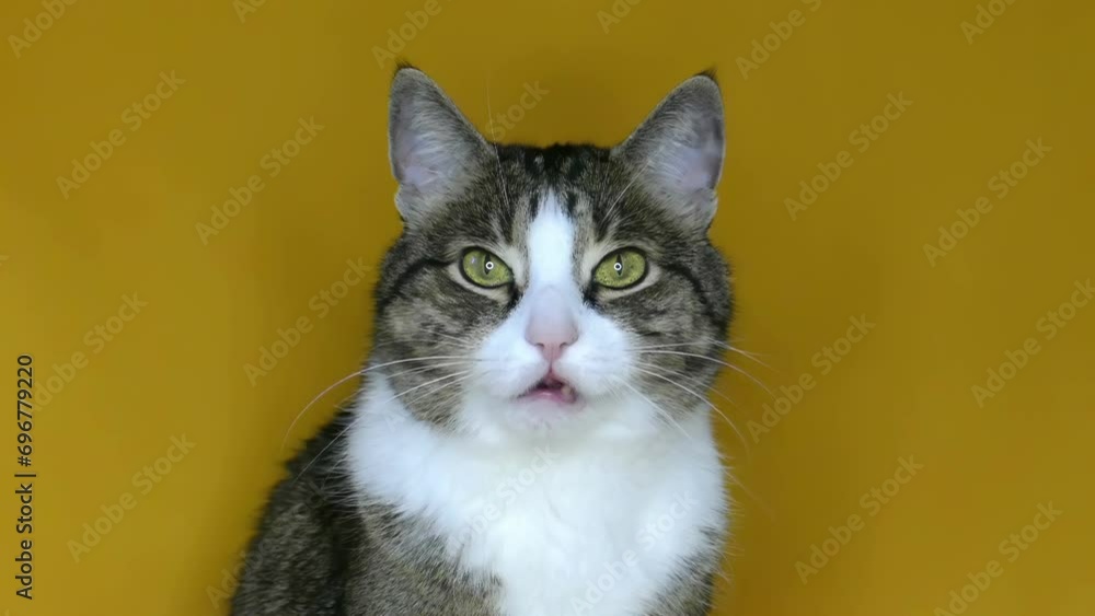 The cat licks his lips, he ate deliciously. Funny cat looks into the camera. Cat emotions on a brown background. Pet in slow motion 4K. Gray cat footage for design and advertising. The cat licks his lips, he ate deliciously. Funny cat looks into the camera. Cat emotions on a brown background. Pet in slow motion 4K. Gray cat footage for design and advertising.