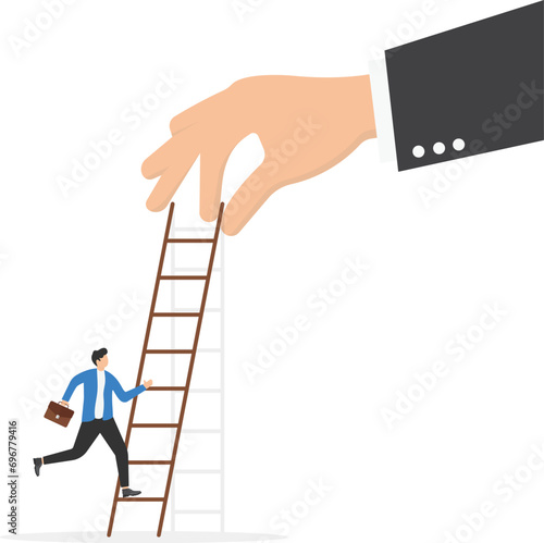 Overcome business obstacle, barrier or difficulty, challenge to solve business problem and see opportunity concept, ambitious businessman about to climb up ladder to overcome giant hand stopping him.
