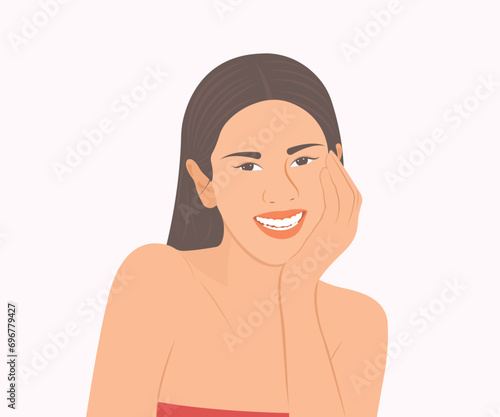 Young woman with long hair smiles happily with clear skin.Vector illustration
