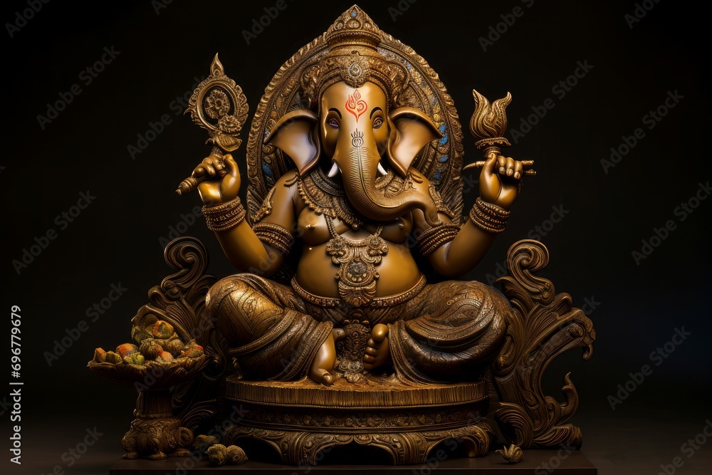 Exquisite Hinduistic sculpture ganesha. Gold indian elephant. Generate Ai
