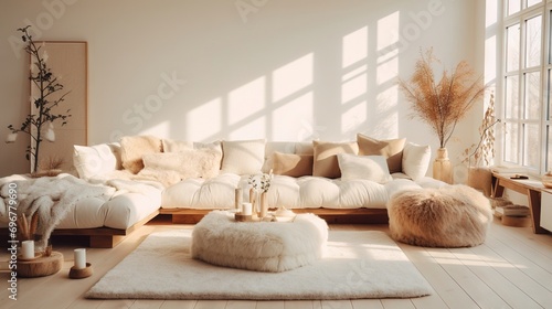 Modern luxury  minimal  elegant  neutral  cozy  white bohemian living room with a sofa. Earthy tone colors  Interior design inspiration.