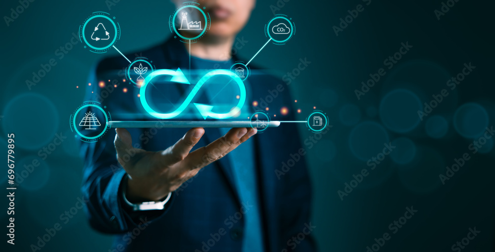 Driving Sustainable Innovation: Man Holds Tablet with Circular Economy Icon in ESG Business Driving Sustainable Innovation: Man Holds Tablet with Circular Economy Icon in ESG Business