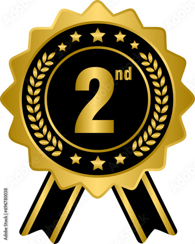 Golden 2nd prize ribbon medal, gold award winner badge
