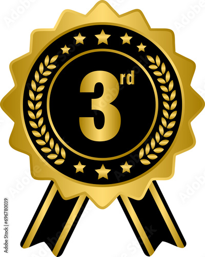 Golden 3rd prize ribbon medal, gold award winner badge
