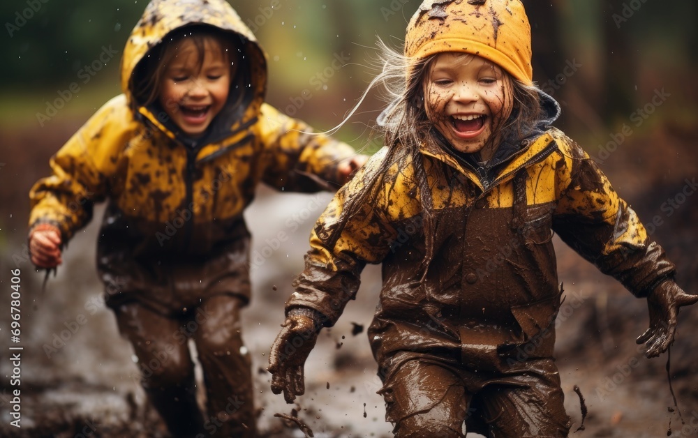 Kids laughing joyfully jumping in mud on forest path Kids laughing joyfully jumping in mud on forest path