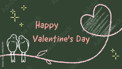 黒板にチョークで描いたような小鳥とハートの背景素材、バレンタインデーのバナーテンプレート