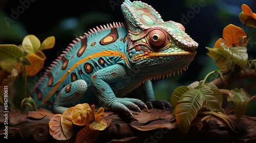 The cute chameleon is change two color on the tree. Generative Ai © Witri