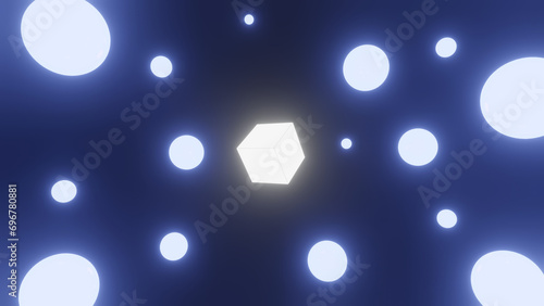 glowing shiny blue balls with cube for background
