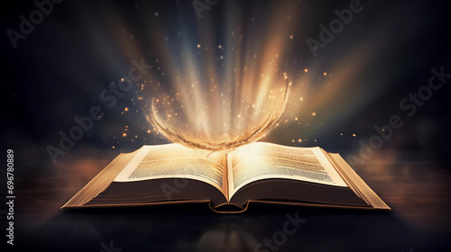 an open book and glowing light coming from it  photo