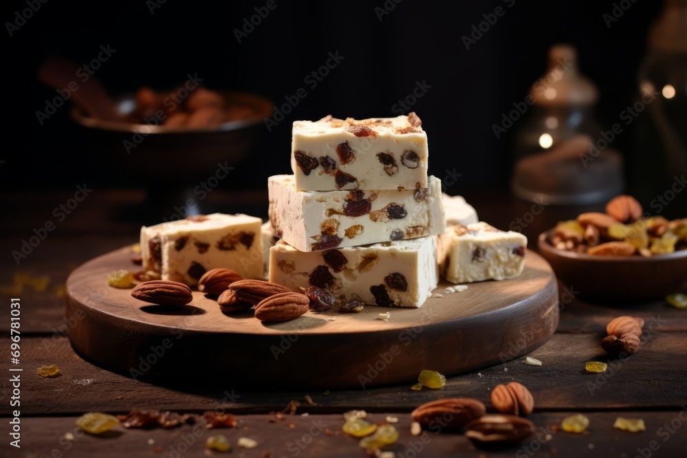 An appealing close-up of a gourmet nougat, rich with various nuts and dried fruits, set against a vintage wooden background