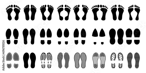 Human footprints icon. Foot imprint, footsteps icon collection. Human footprints silhouette. Barefoot, sneaker and shoes footstep icons photo