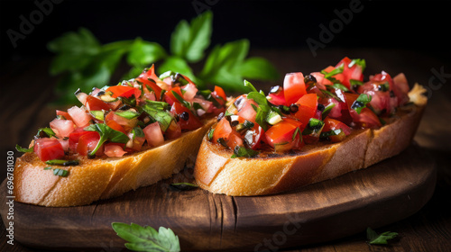 Delicious bruschetta food on wooden board with herbs and table in background, black background