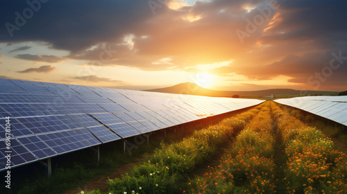 Solar panels in fields provide green energy