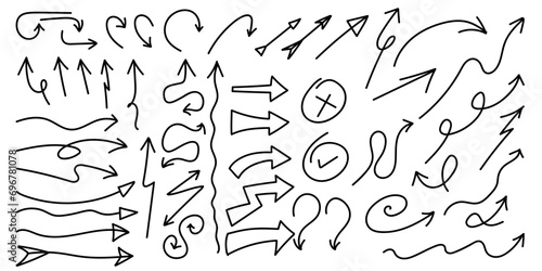 Charcoal hand drawn pencil arrows, scribbles. Doodle curved chalk darts Vector illustration of hand painted crayon check lines.
