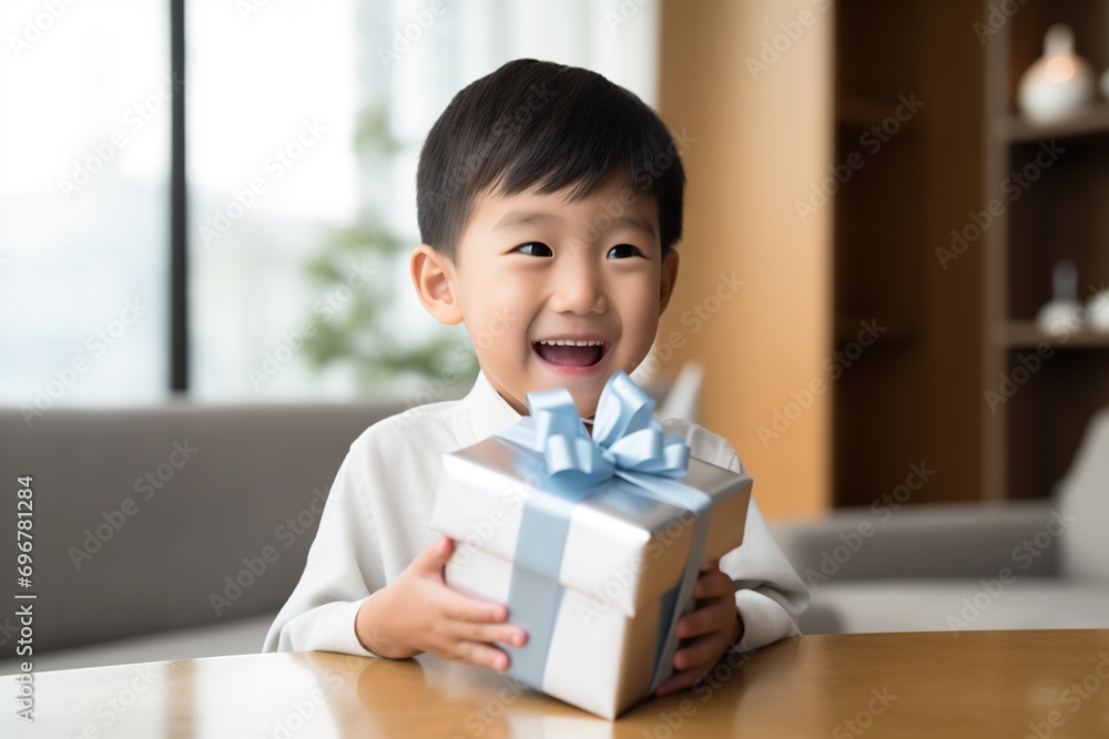 Cute asian little boy holding a gift box Cute asian little boy holding a gift box