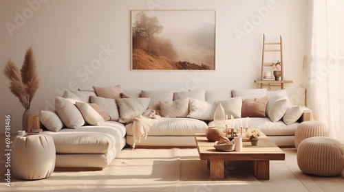 Modern luxury  minimal  elegant  neutral  cozy  white bohemian living room with a sofa. Earth tone colors  Interior design inspiration.